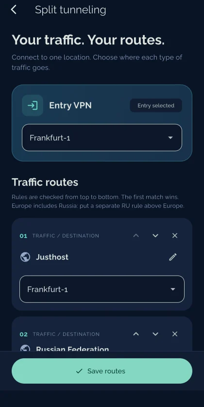 Экран раздельного туннелирования: входной VPN и первые маршруты трафика