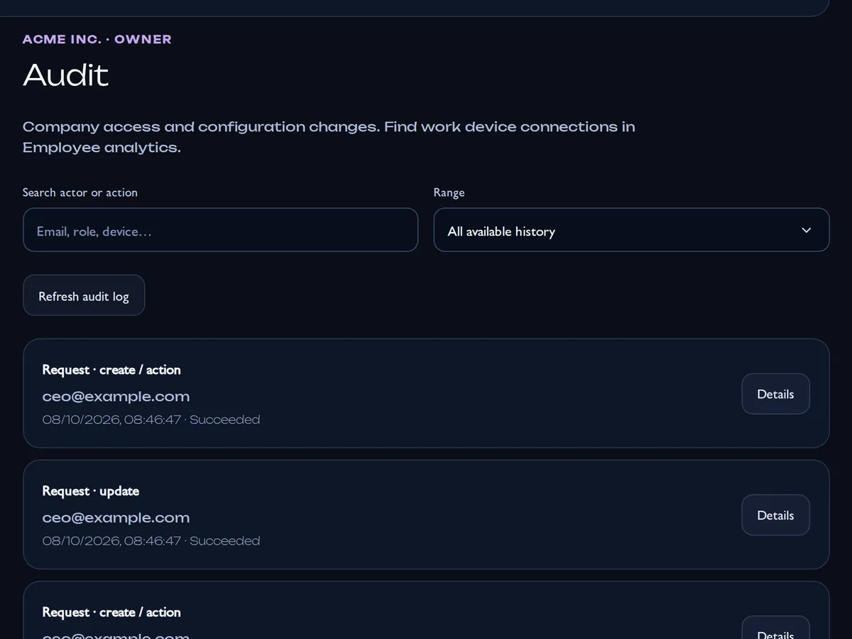 Company audit log: access and settings changes